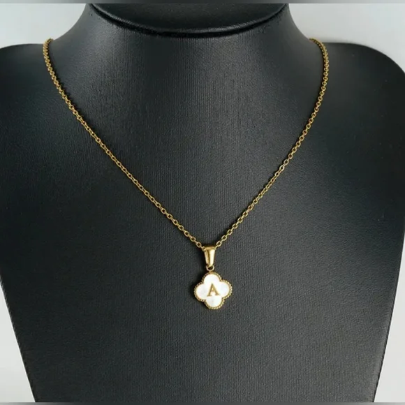 Gold Initial 'A' Clover Pendant Necklace - White & Gold - Picture 6 of 6